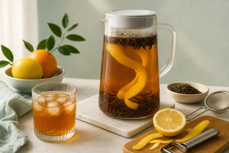 Glass pitcher with amber liquid and citrus peel spiral beside glass of iced tea and citrus fruits