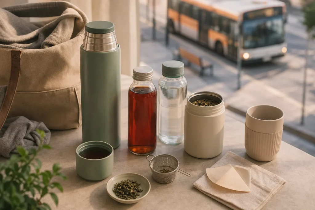 Green thermos with cup, loose tea leaves, glass bottles, tea strainer, and cup on a table near window with a bus passing outside