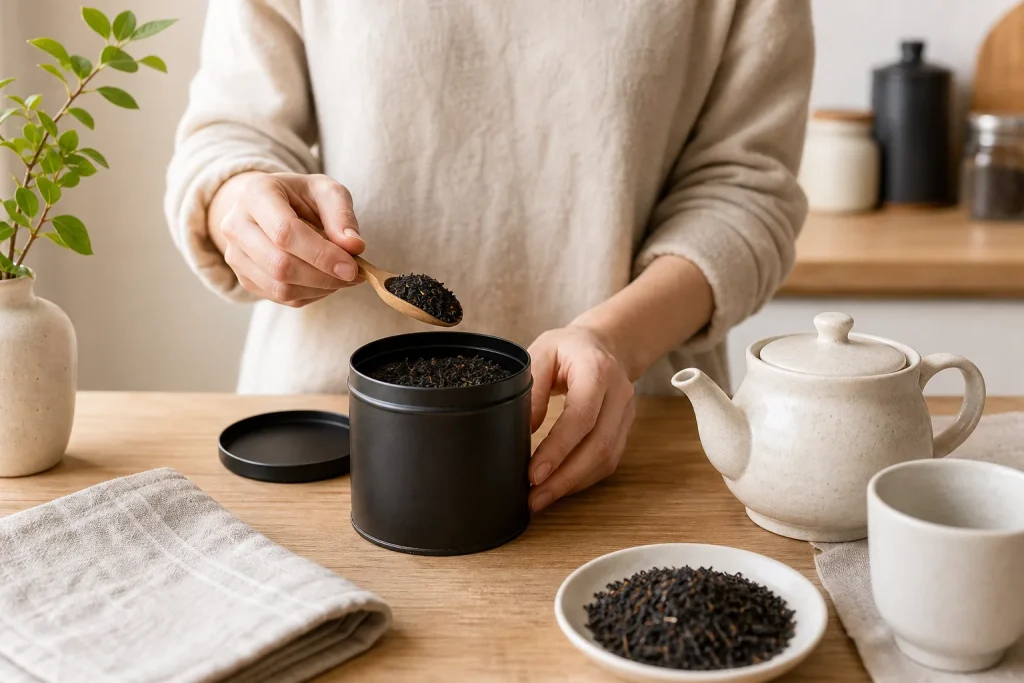 Person scooping black tea leaves from a black tin on a wooden table with beige teapot, cup, and green plant