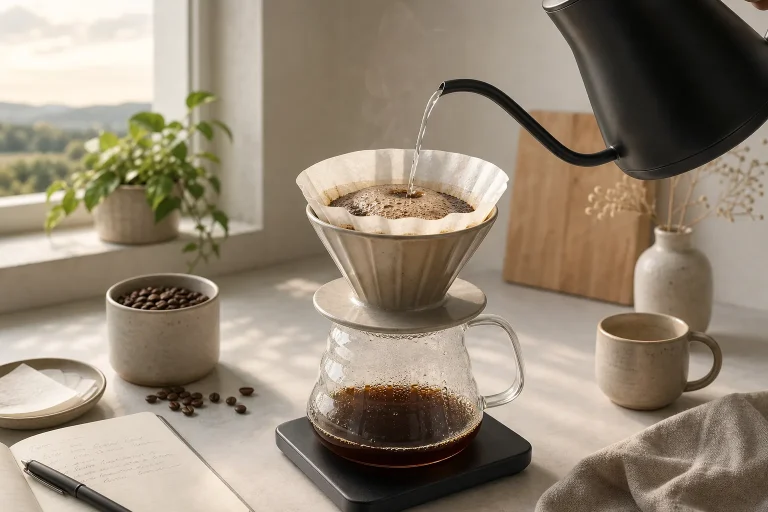 Pour-over coffee brewing with hot water being poured over grounds in bright kitchen with neutral tones