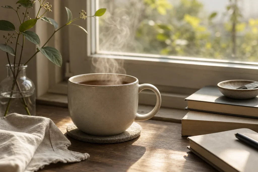 Steaming cup on coaster beside window with books, notebook, and plant in soft natural light