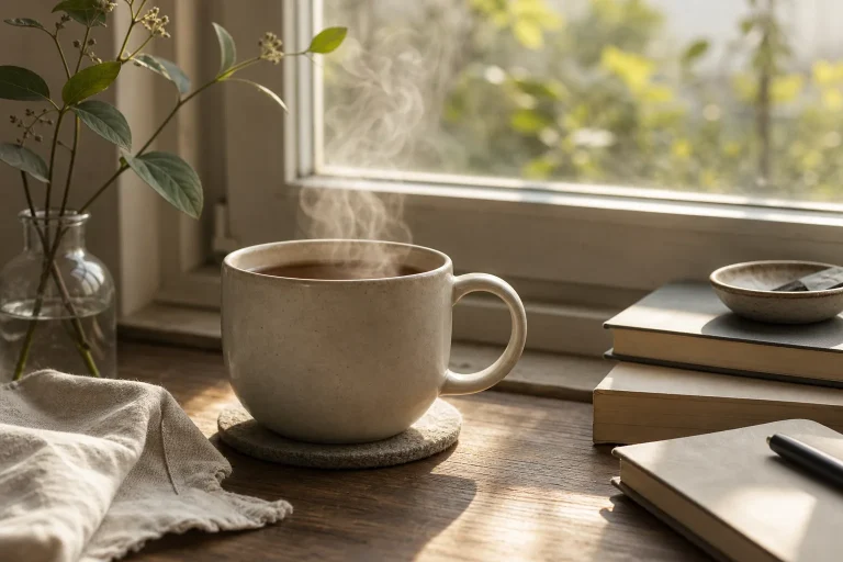 Steaming cup on coaster beside window with books, notebook, and plant in soft natural light